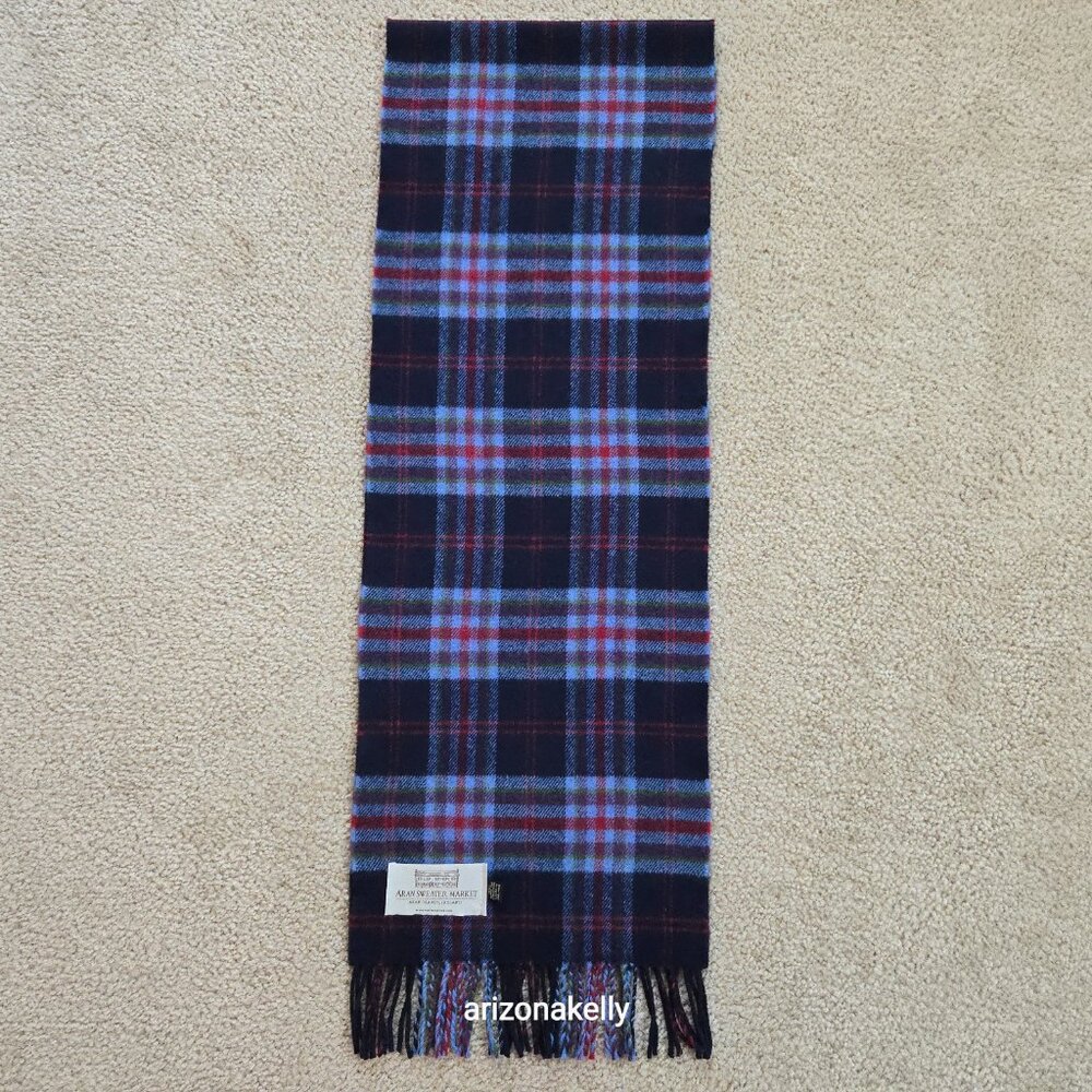 Aran Sweater Market Extra Fine Merino Wool Blue Plaid Scarf - Picture 2 of 10